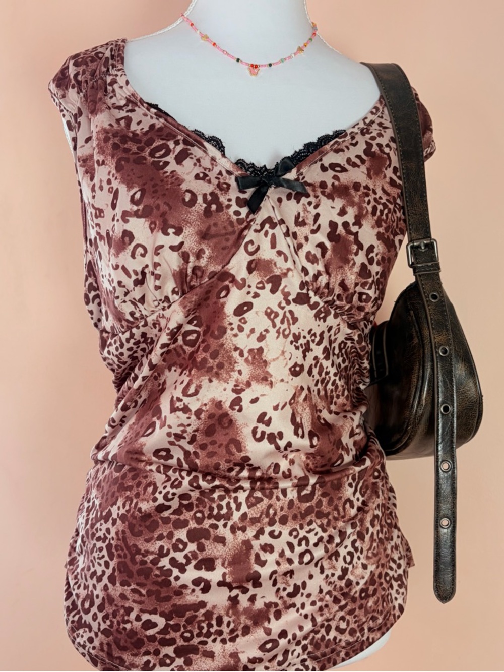 Leopard Print Surplice Tank Top in Brown & Cream - Picture 3 of 6